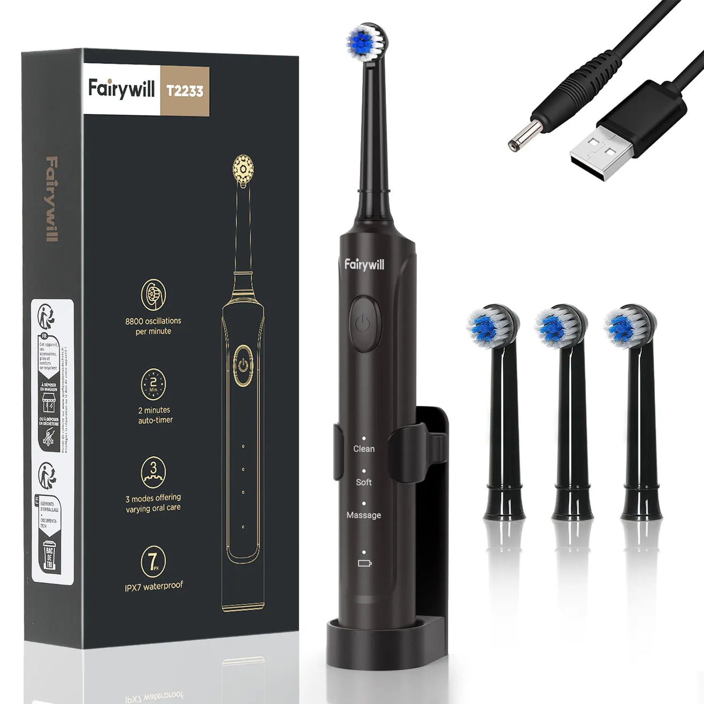 Fairywill T2233 Electric Toothbrush Rechargeable Sonic with Four Replacement Heads