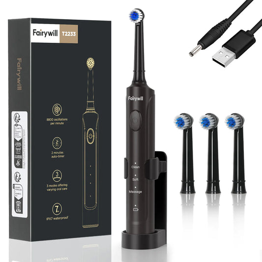Fairywill T2233 Electric Toothbrush Rechargeable Sonic with Four Replacement Heads