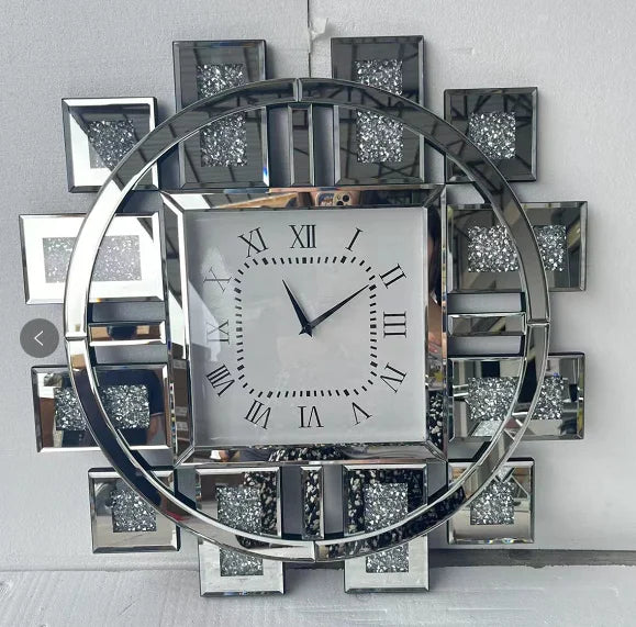 Round Wall Clock with Crushed Diamond Decor Beveled Mirror Edge