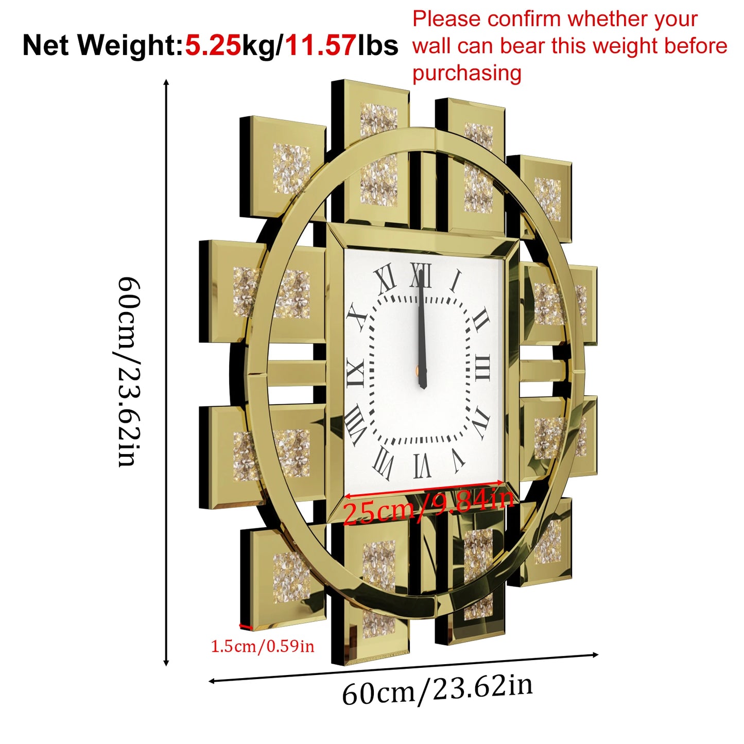 Round Wall Clock with Crushed Diamond Decor Beveled Mirror Edge