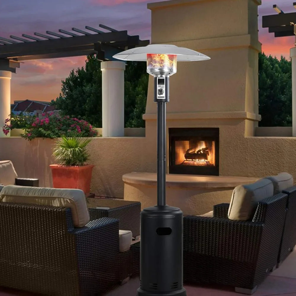 Patio Heater Outdoor Gas Powered Tower Style With Wheels For Mobility And Outdoor Use