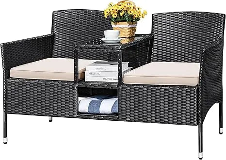 Outdoor Patio Rattan Loveseat Two Seat Conversation Set With Cushions Built In Coffee Table