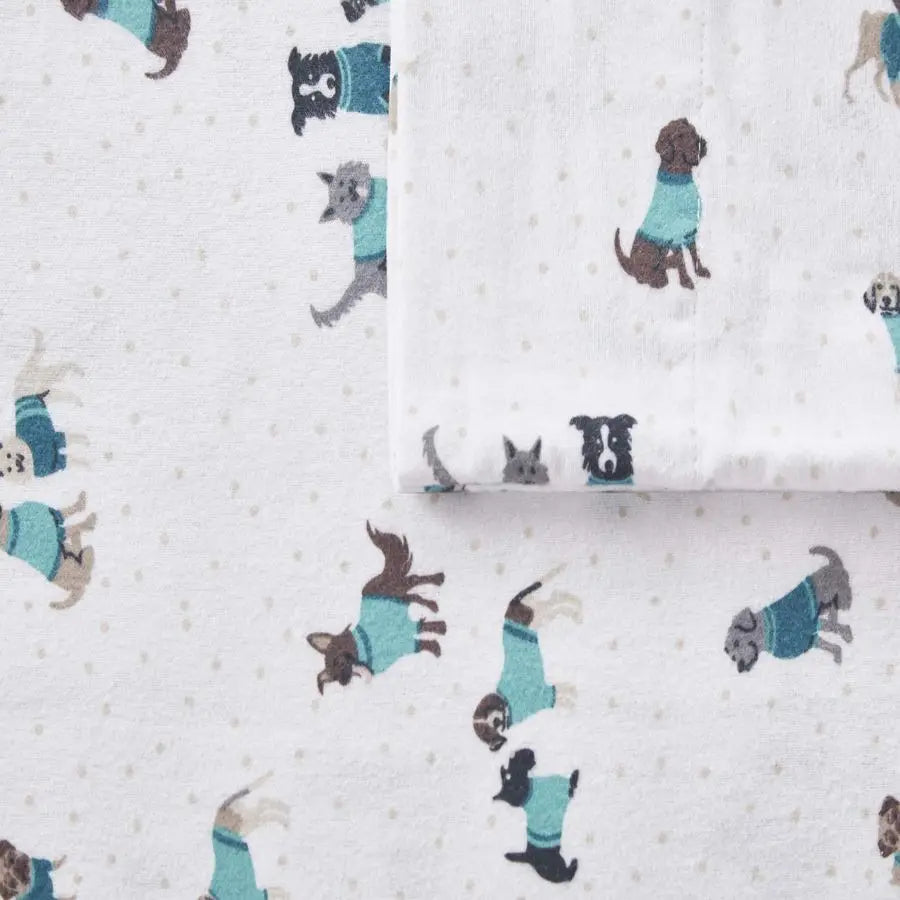 Cozy Flannel Animal Print Dogs Sheet Set 3 Piece Bedding