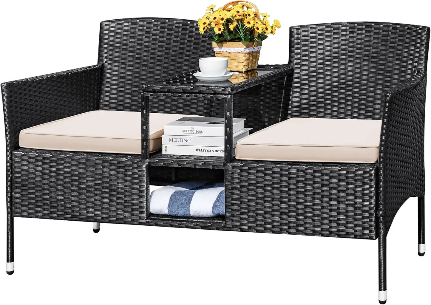 Outdoor Patio Rattan Loveseat Two Seat Conversation Set With Cushions Built In Coffee Table