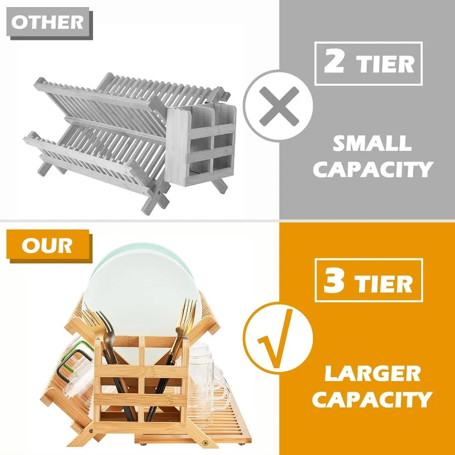 Bamboo Dish Drying Rack, 3 Tier Collapsible Wooden Dish Drainer Rack with Utensil Holder, Plate Rack for Kitchen Counter, Large