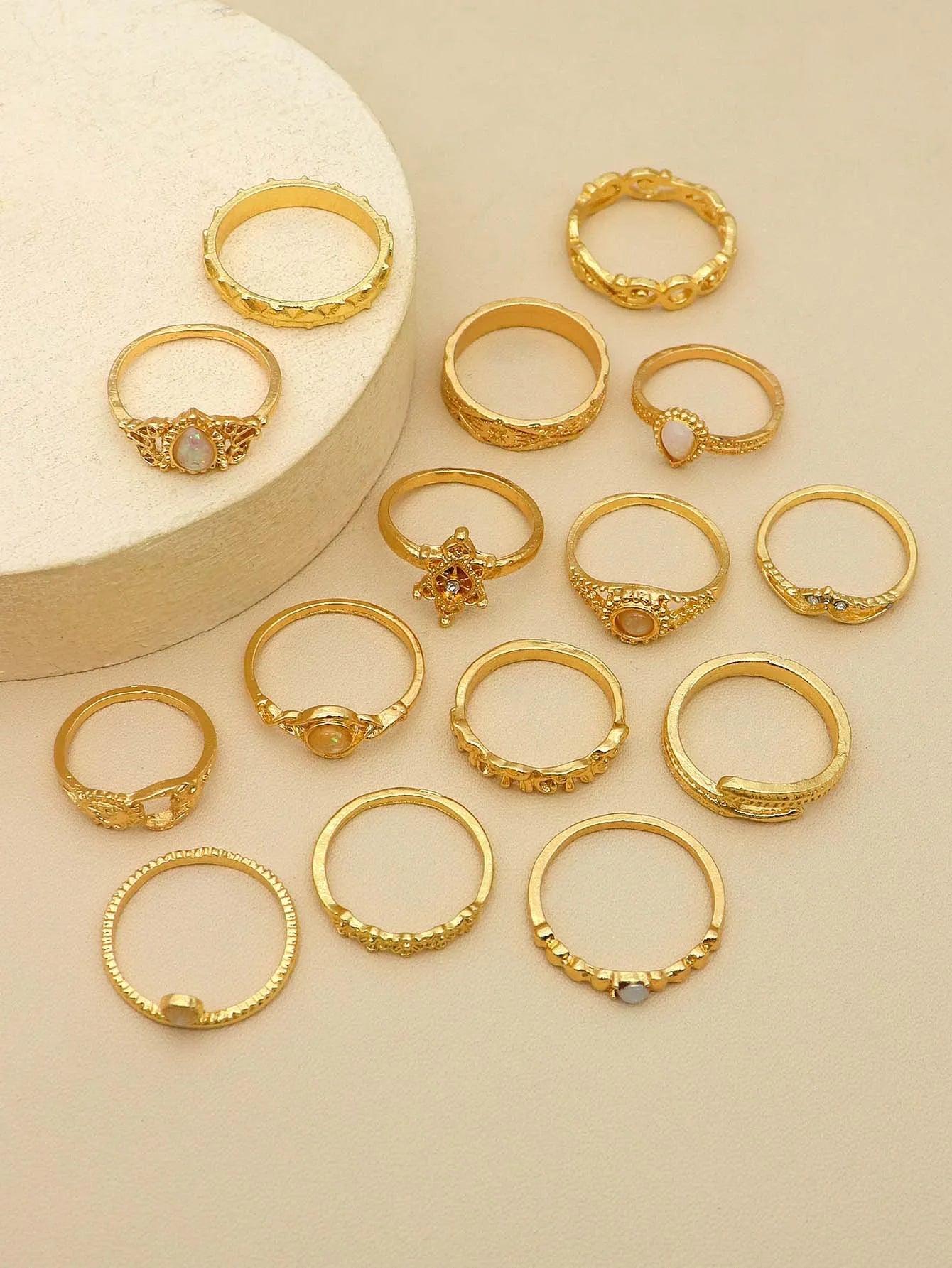 15pcs Gold Tone Boho Ring Set with Opal & Rhinestone Accents for Women
