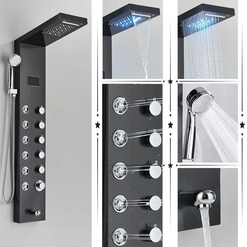 Uythner HighIntensityLED Shower Panel System With Rainfall Massage Temperature Display