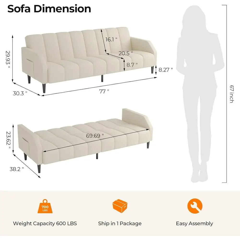 HUANZHUANG Luxurious FauxLeather Convertible Futon Sofa Bed with Adjustable Backrest
