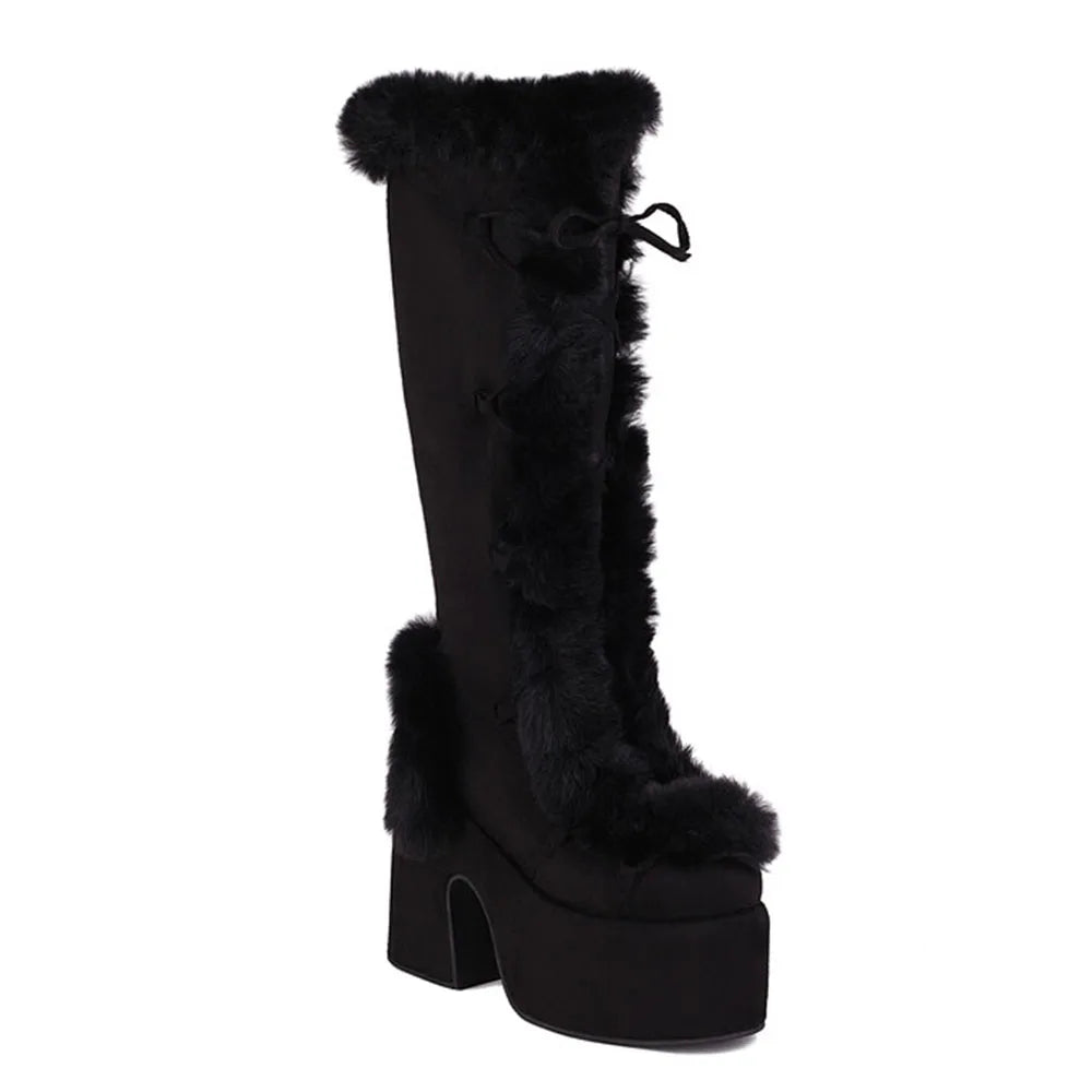 GIGIFOX Faux Fur Chunky High Heel Platform Boots for Women