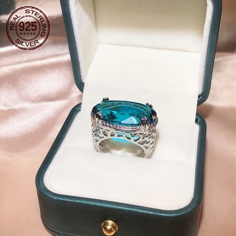 WPOOCC Lab Sapphire Zircon Ring 925 Sterling Silver Hollow Oval