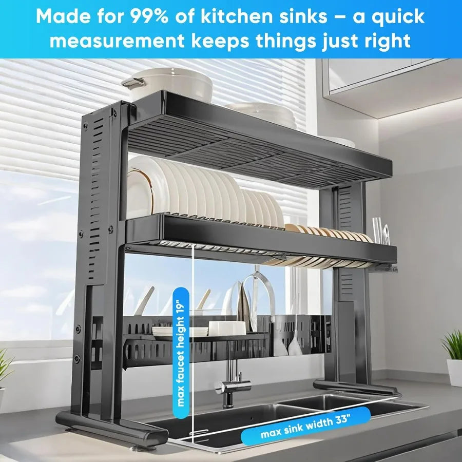 Large Over The Sink Dish Drainer Drying Rack，2 Tier Large Capacity Stainless Steel Dish Drying Rack Over Sink, Multifunctional K