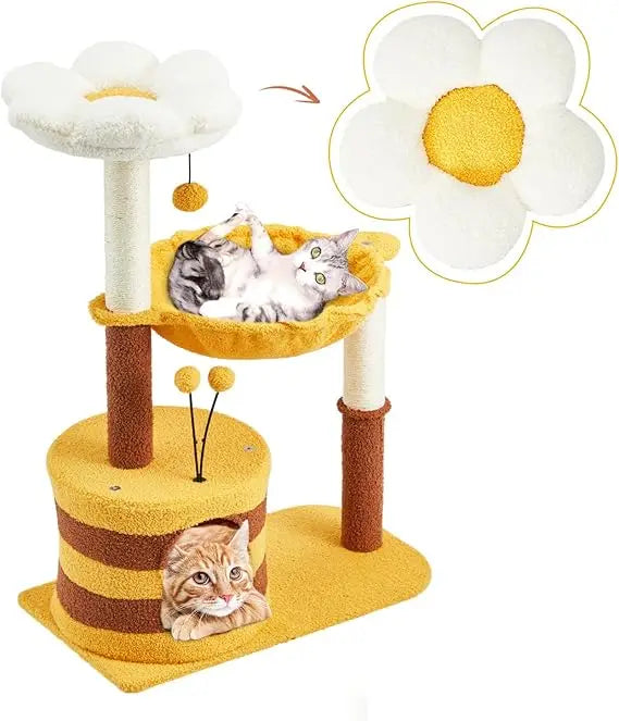 Erinnyees 35-inch Flower-Themed Cat Tree with Bee Accents, Compact Indoor Cat Tower Featuring Sisal Scratch Pad, Plush Condo, an