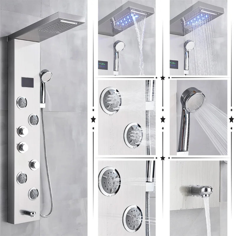 Uythner HighIntensityLED Shower Panel System With Rainfall Massage Temperature Display