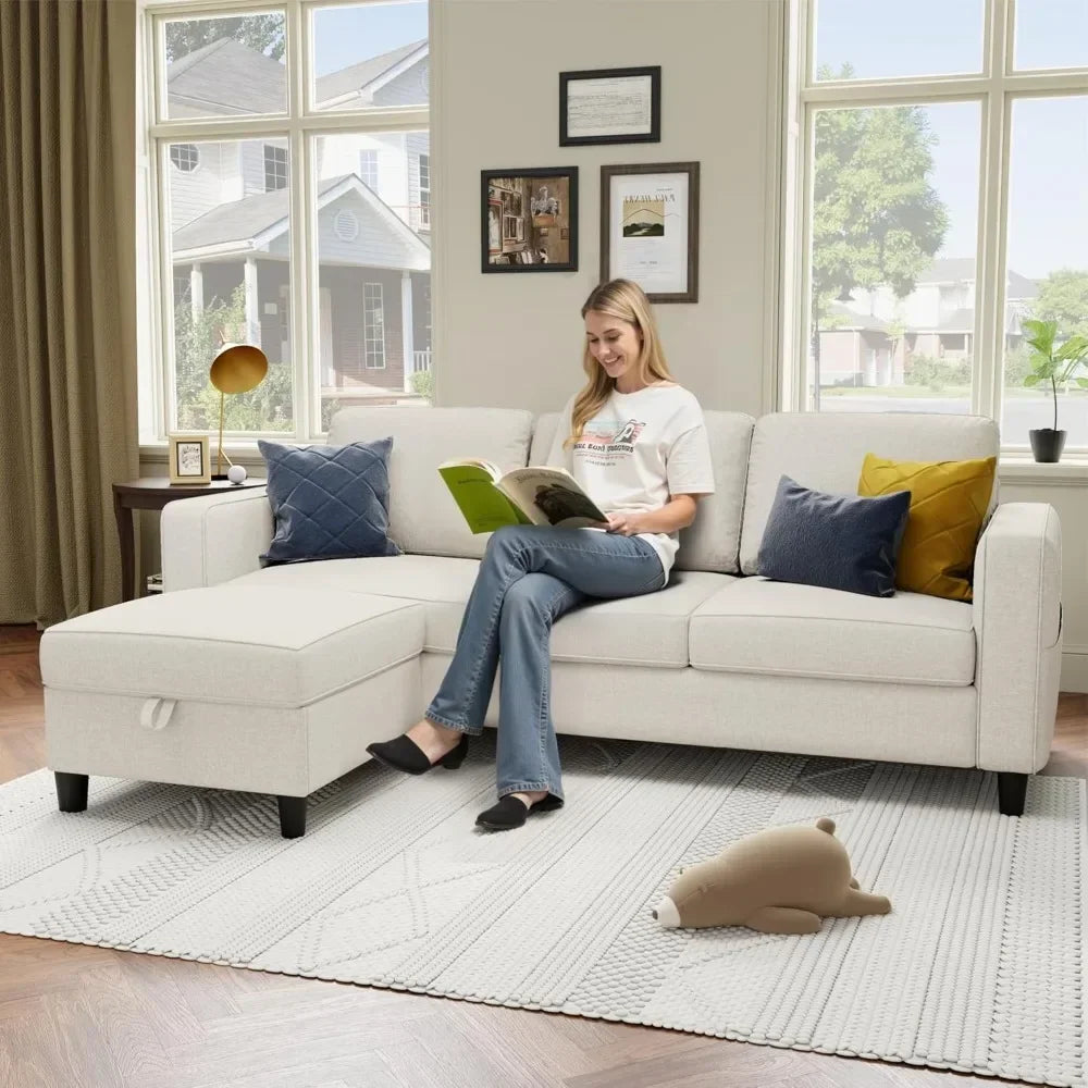 L-Shaped Sectional Sofa Pet-Friendly Linen Modular 3-Seater
