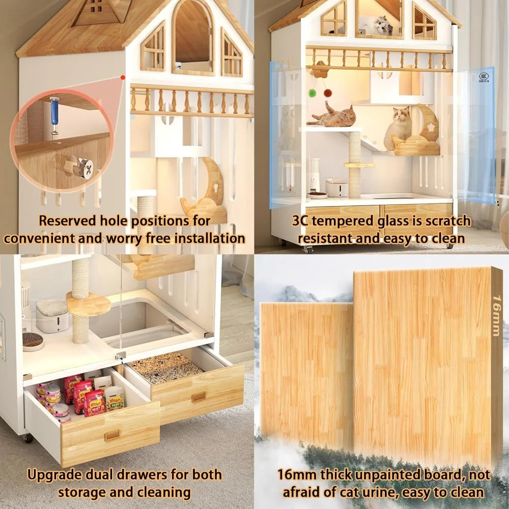 Wooden Enclosed Cat Condo On Wheels With Litter Box