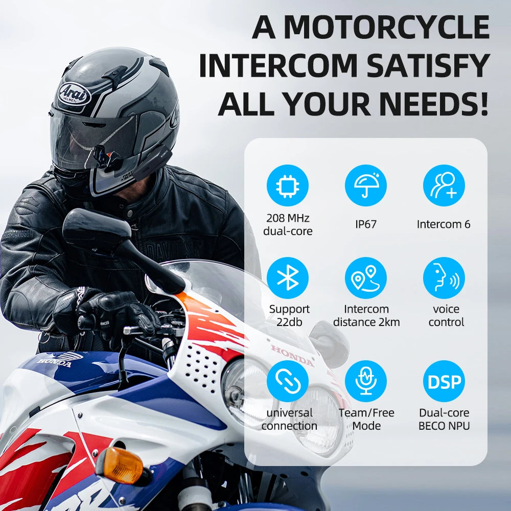 JimiLife Bluetooth Wireless Motorcycle Helmet Intercom 2km Noise Cancellation