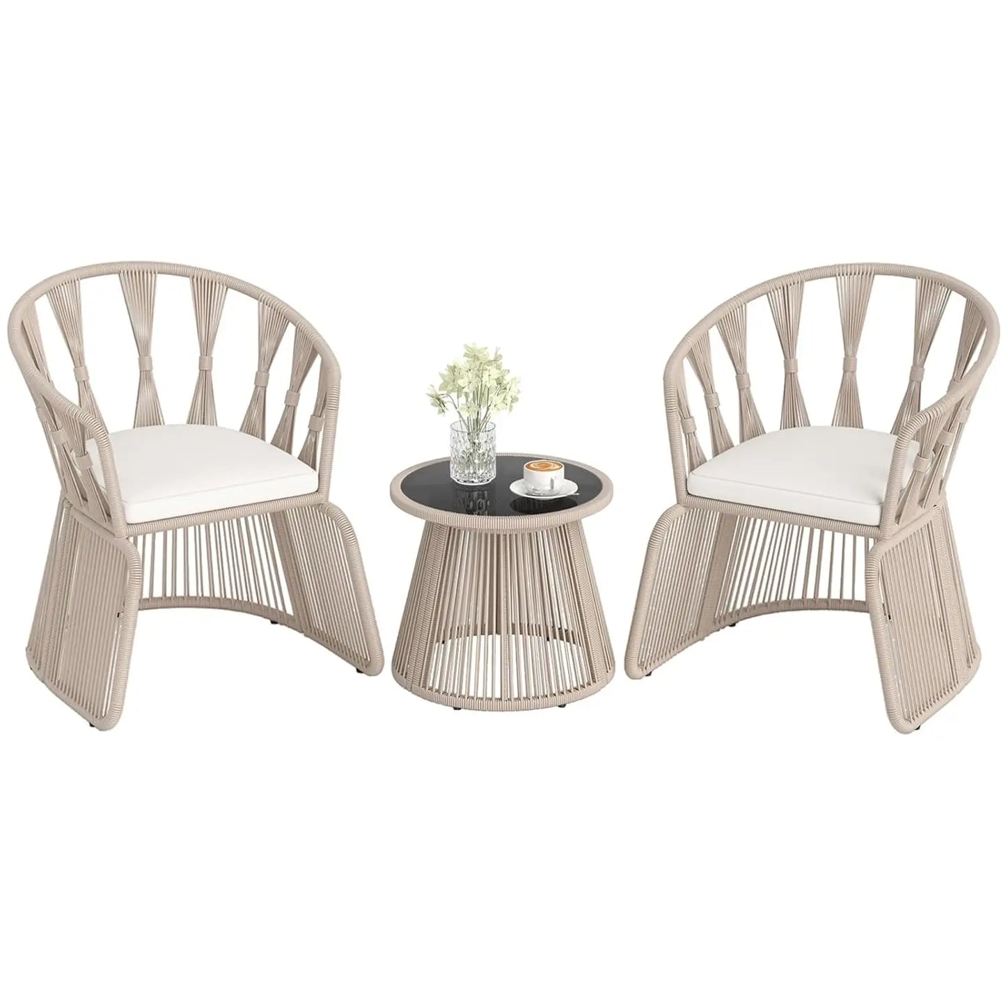 Outdoor 3 Piece Patio Chair Set With Rope Woven Cushions