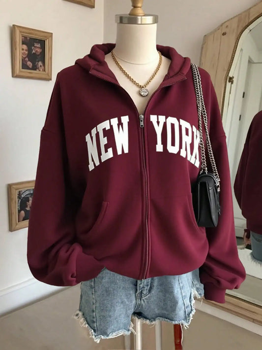 Women's Burgundy New York Letter Print Zip-Up Hoodie, Loose Fit Casual Sweatshirt