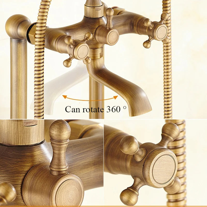 ALENARTWATER Brass Antique Bathroom Faucet Set With 360 Rotation Floor Stand Telephone Hand Shower