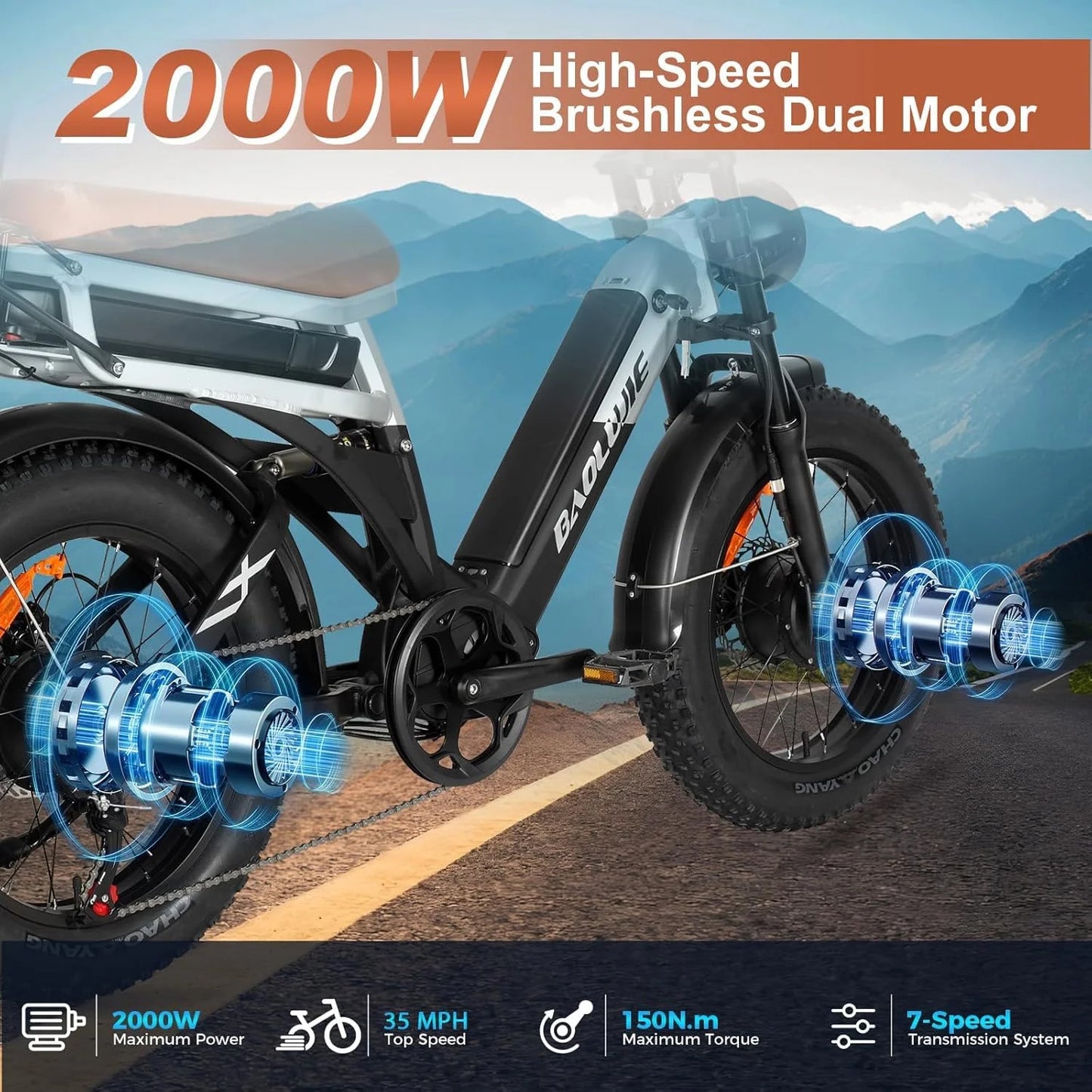 Baolujie Dual Motor 2000W Electric Bike Full Suspension