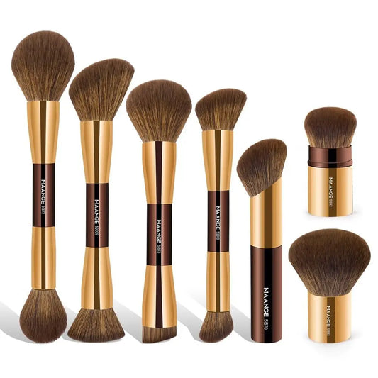 7pcs Makeup Brush Set Double Sided Kabuki Makeup Brushes Contour Brush Foundation Liquid Powder Concealer Cream Cosmetics Bronze