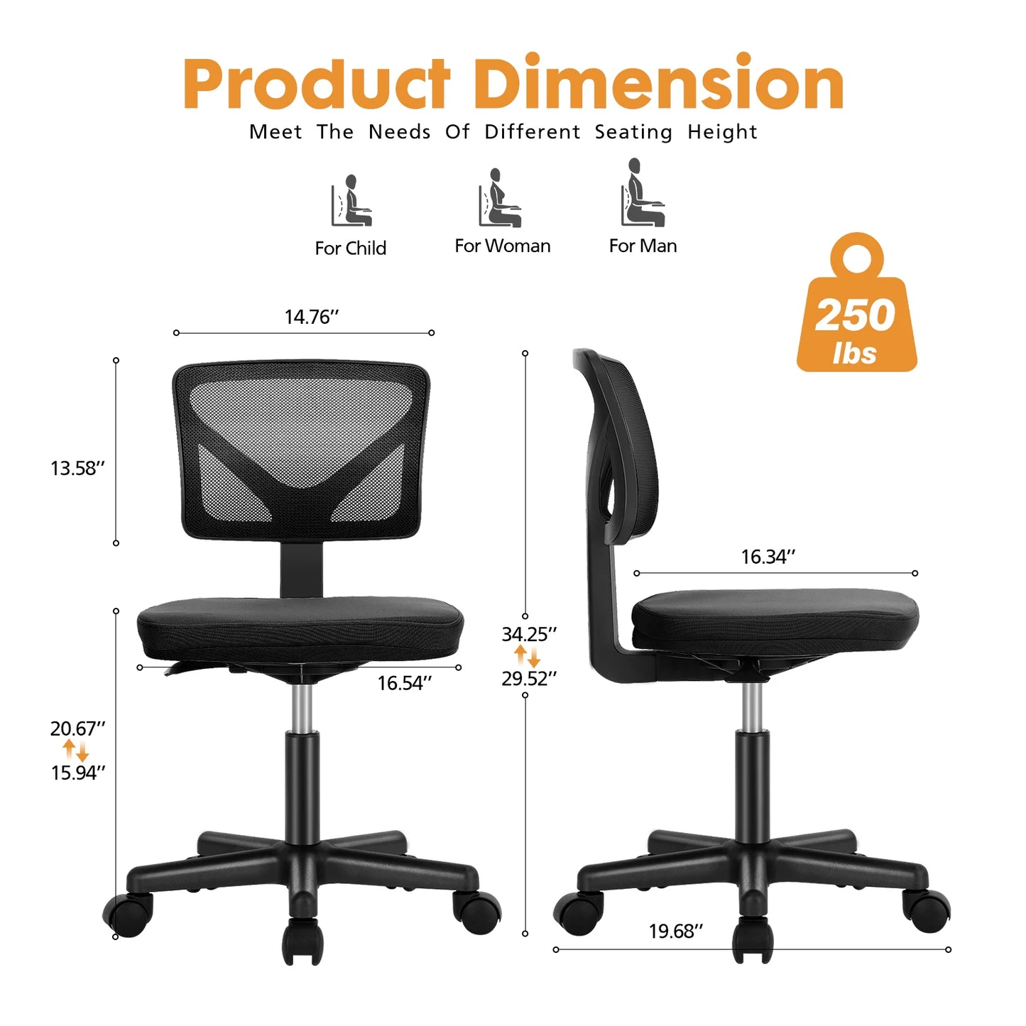 JHK Armless Mesh Office Chair With Lumbar Support 360 Swivel