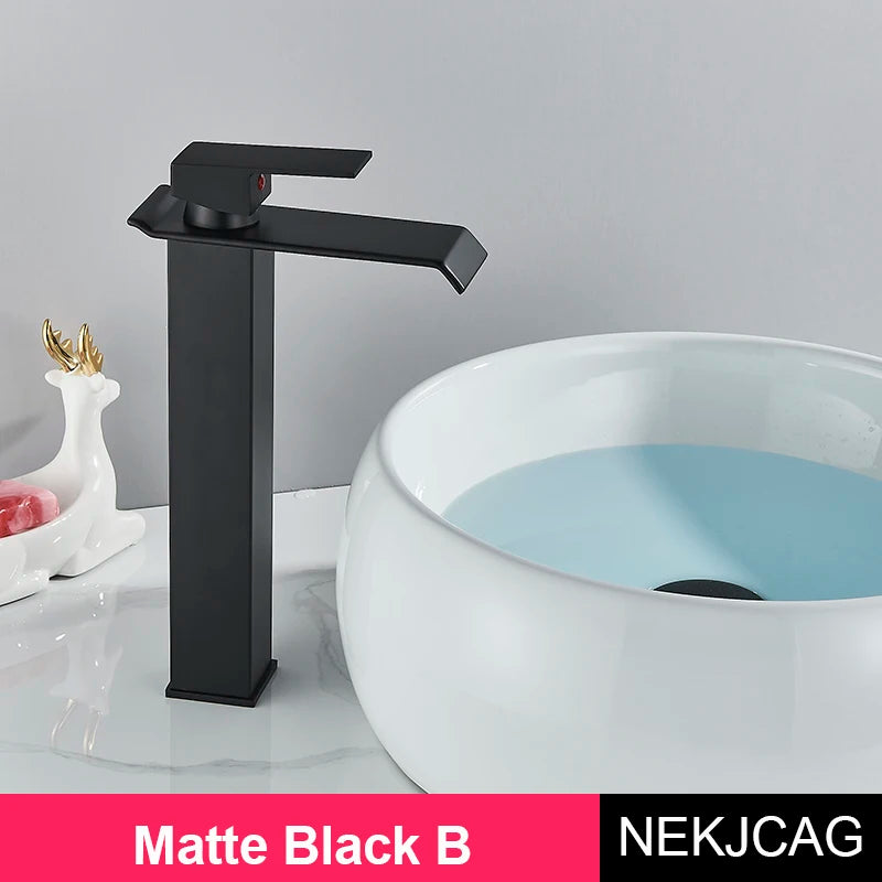 Matte Black Basin Faucet Waterfall Washbasin Vanity Above Counter Sink Faucet Hot & Cold Mixer Tap Deck Mounted Bathroom Crane