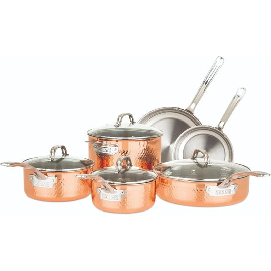 3-Ply Pots and Pans Set, 10 Piece Copper Kitchen Cookware with Glass Lids, Hammered Copper