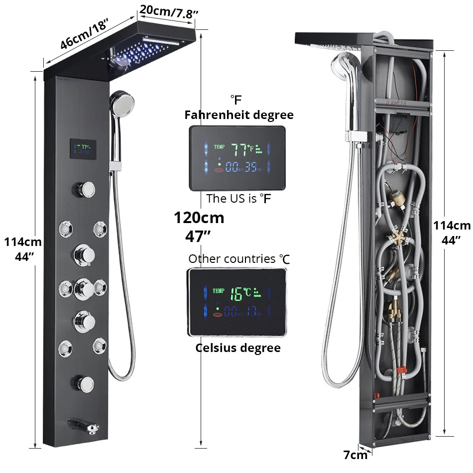 Uythner HighIntensityLED Shower Panel System With Rainfall Massage Temperature Display