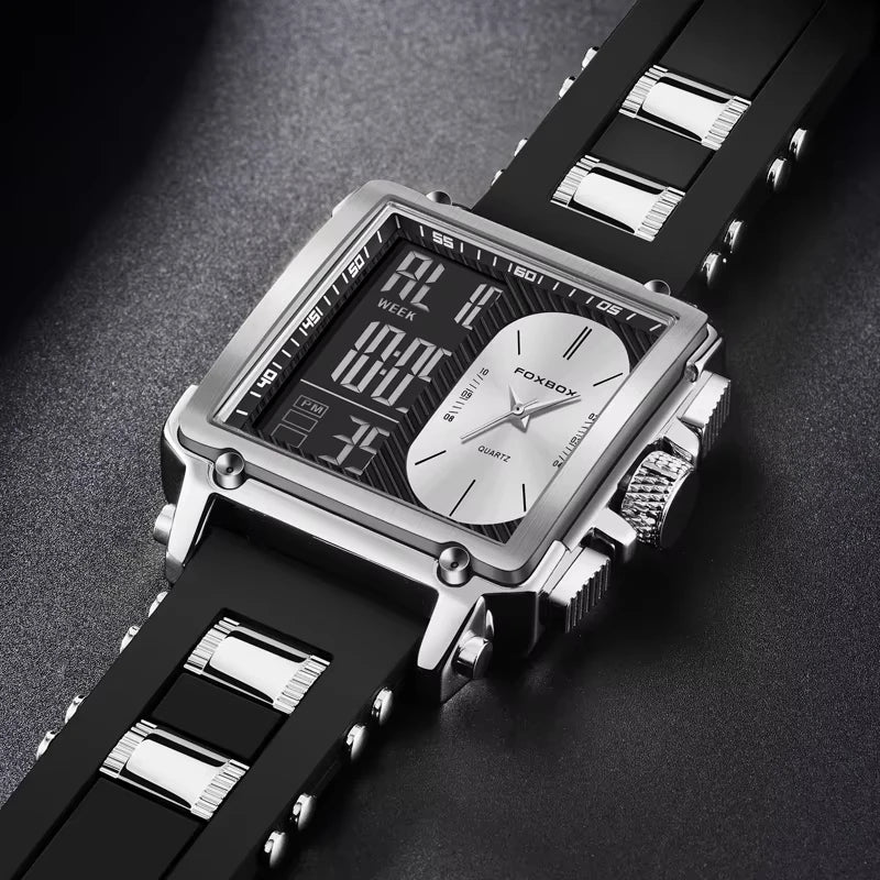 Foxbox Square Digital Quartz Mens Wristwatch Silicone Strap