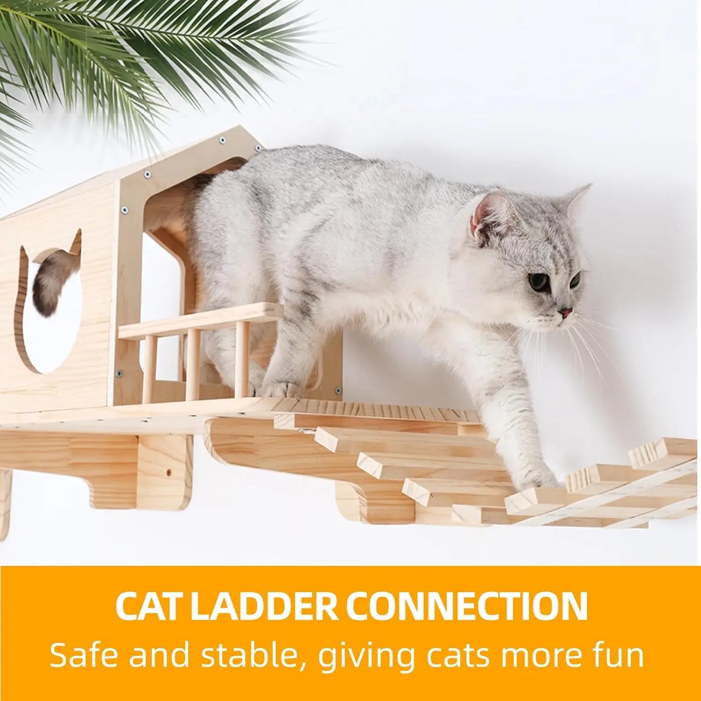 Wall-Mounted Cat Shelves Set with House, Bridge Ladder, Scratching Posts and Steps for Indoor Play
