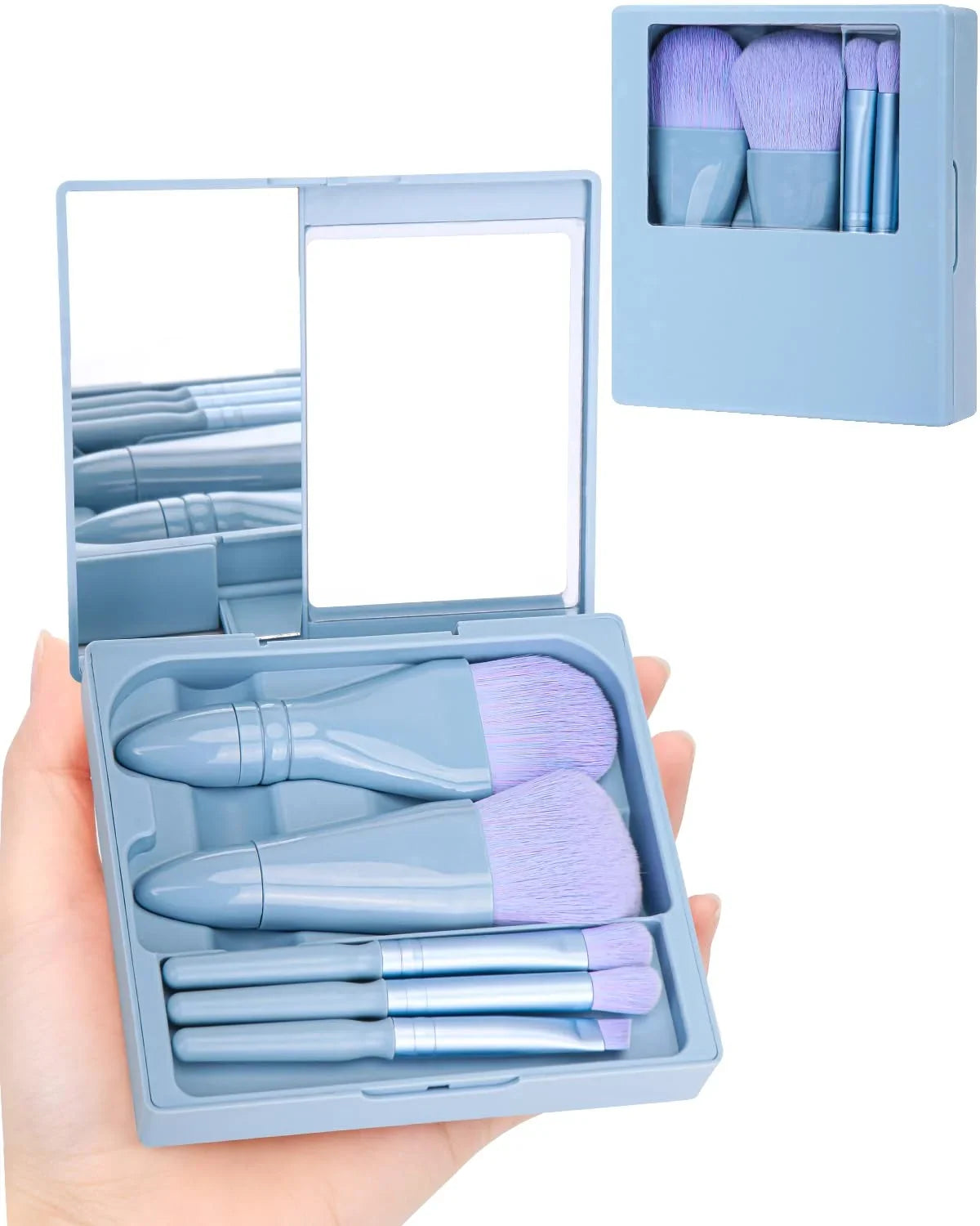 5Pc Mini Makeup Brush Set With Mirror For Travel Case