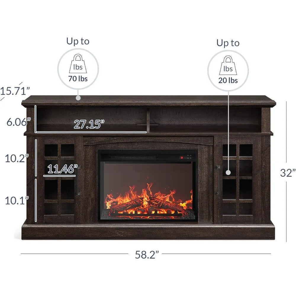 Traditional Rustic TV Stand With Electric Fireplace Heater And Sound