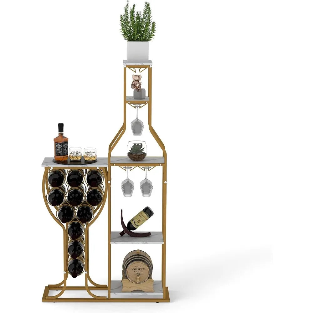 Freestanding Floor Wine Rack with Bottle and Glass Holder, Wrought Iron Wall Mount Rack, Home Wine Accessories