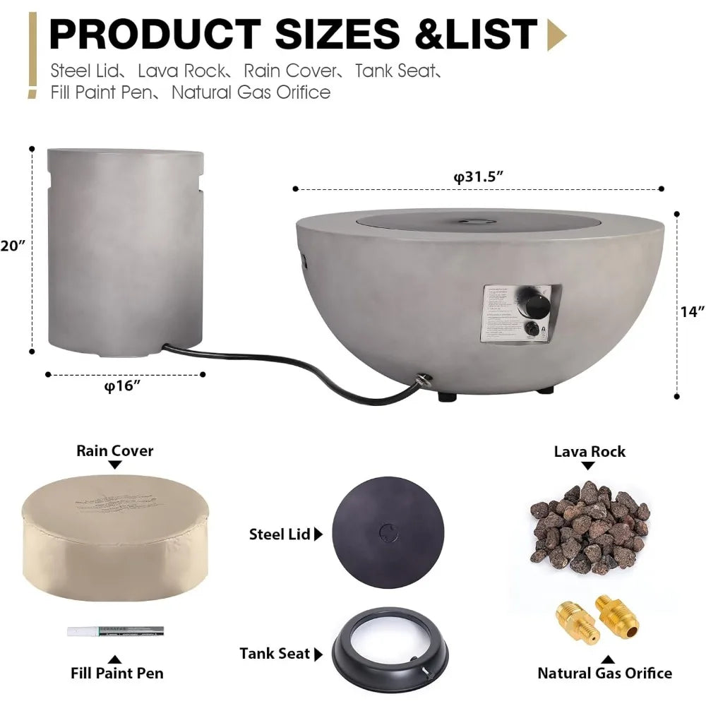 Outdoor Propane Fire Pit Table Set With Tank Cover 50,000 BTU CSA Certified Round Concrete Bowl
