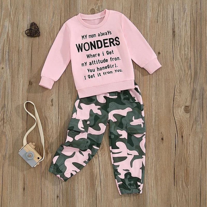 Pudcoco Girls TwoPiece AutumnOutfit LongSleeve ONeck CamouflagePants LetterPrint EverydayWear