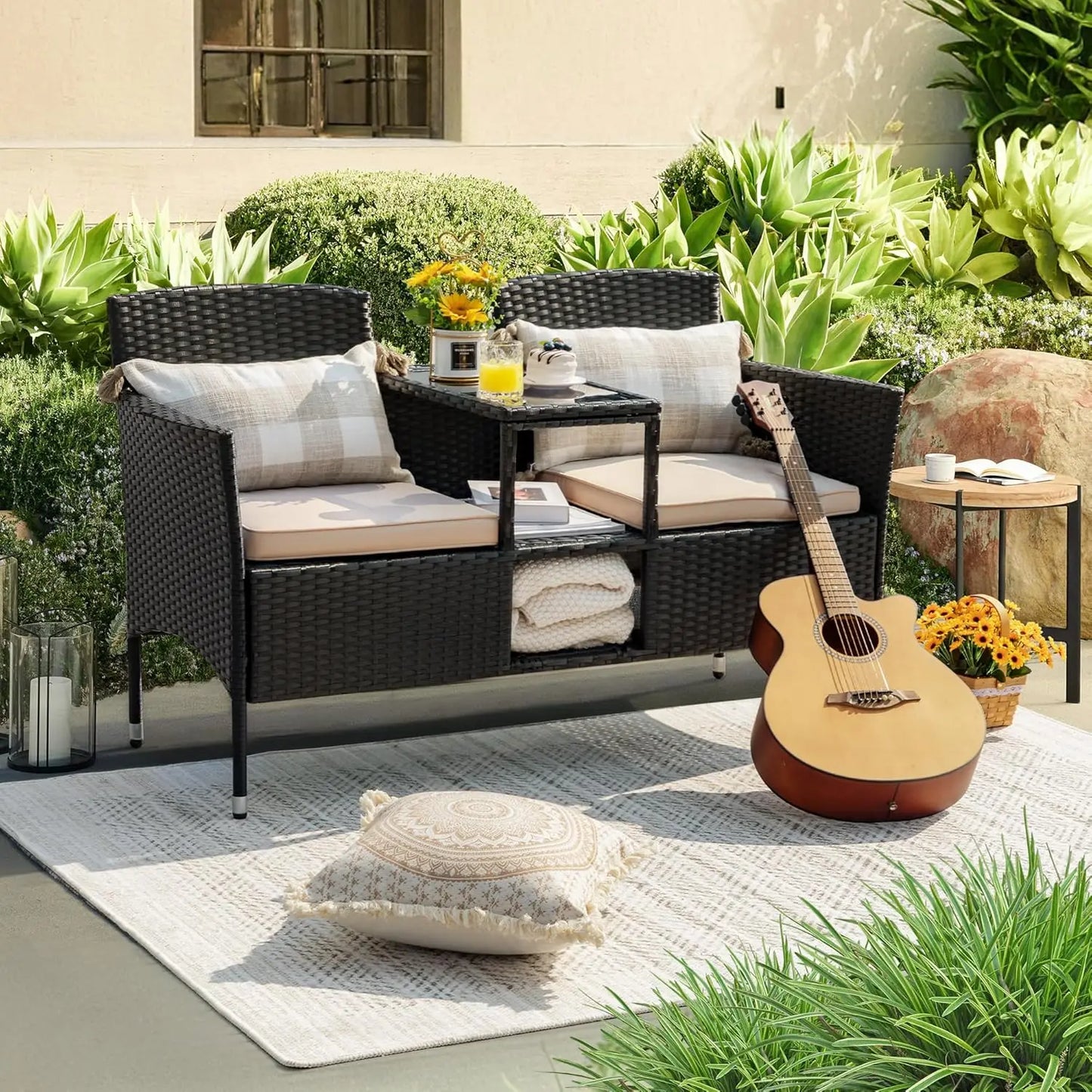 Outdoor Patio Rattan Loveseat Two Seat Conversation Set With Cushions Built In Coffee Table
