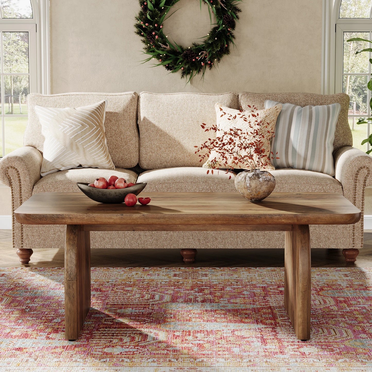 Tribesigns Farmhouse Rectangular Coffee Table Engineered Wood Center Cocktail Table With Sturdy Base