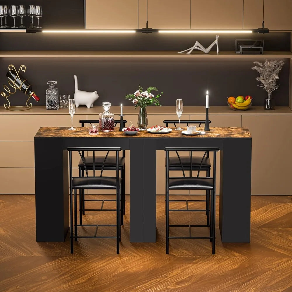 Retro Bar Table and Chairs Set for Two with HighCapacityIntegratedShelvesAndStorage