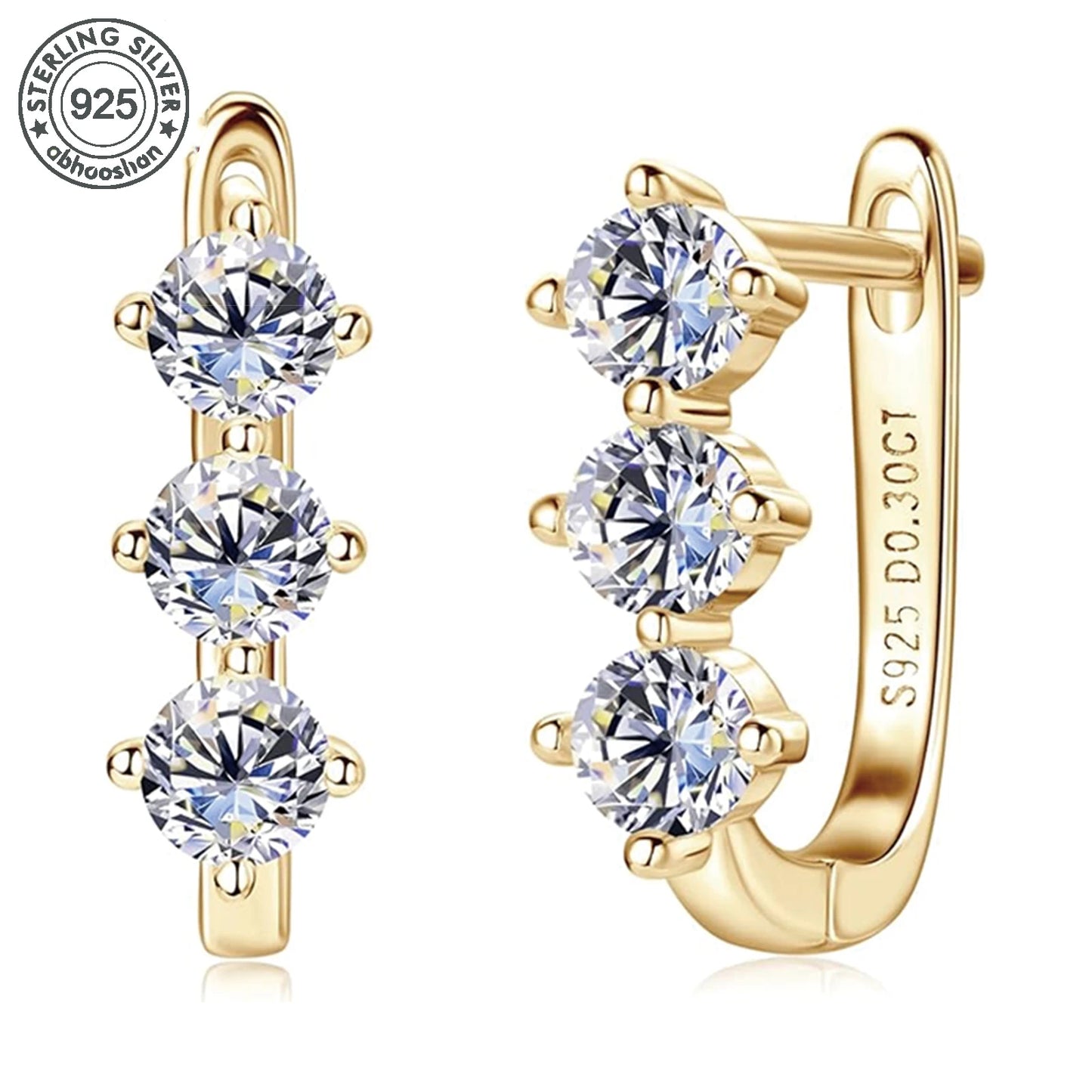 Sterling Silver Moissanite Hoop Earrings With Triple Stones
