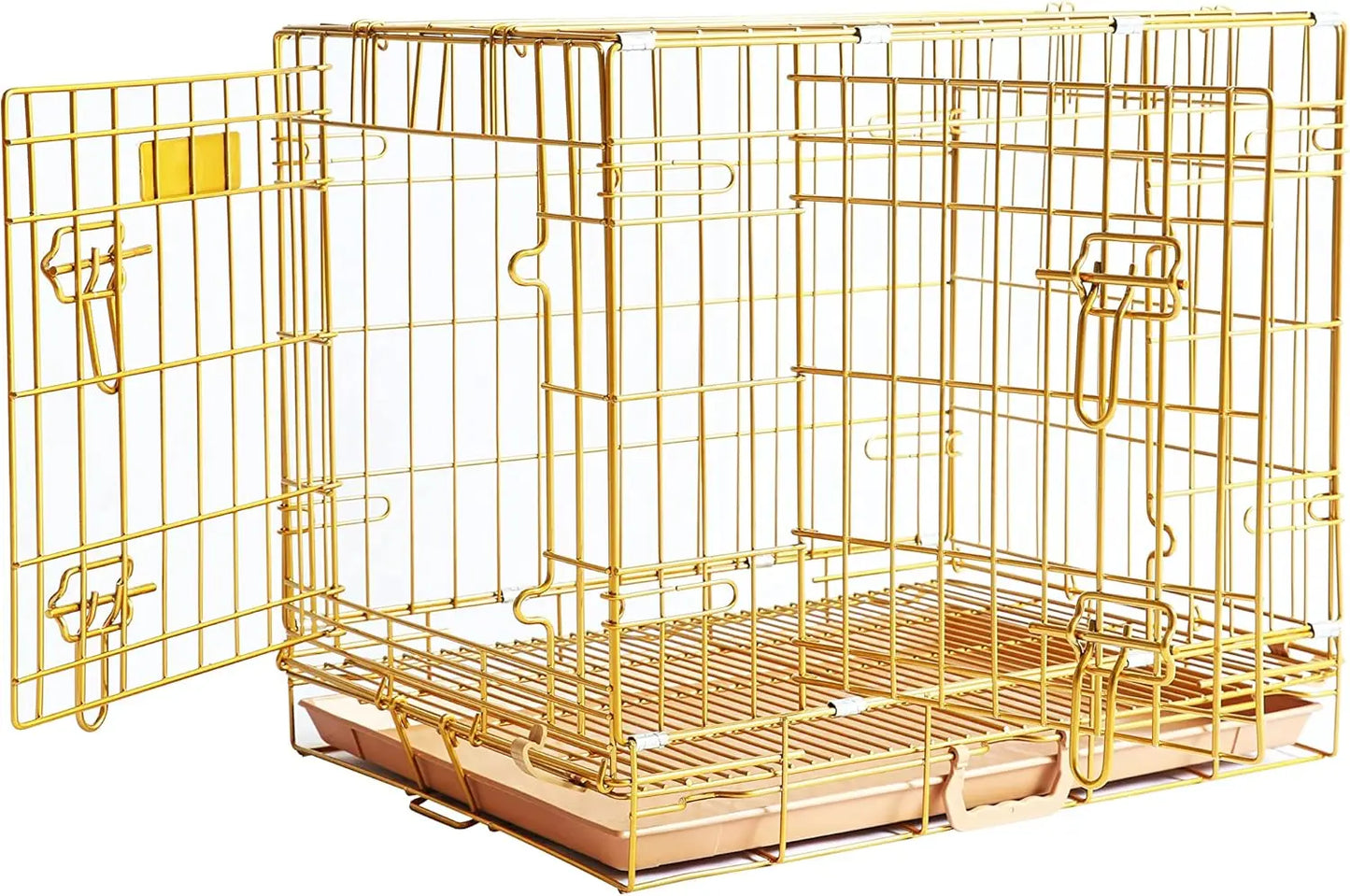 Gold Folding Dog Crate for Small Breeds with Removable Tray and Anti-Rust Finish, Portable Kennel