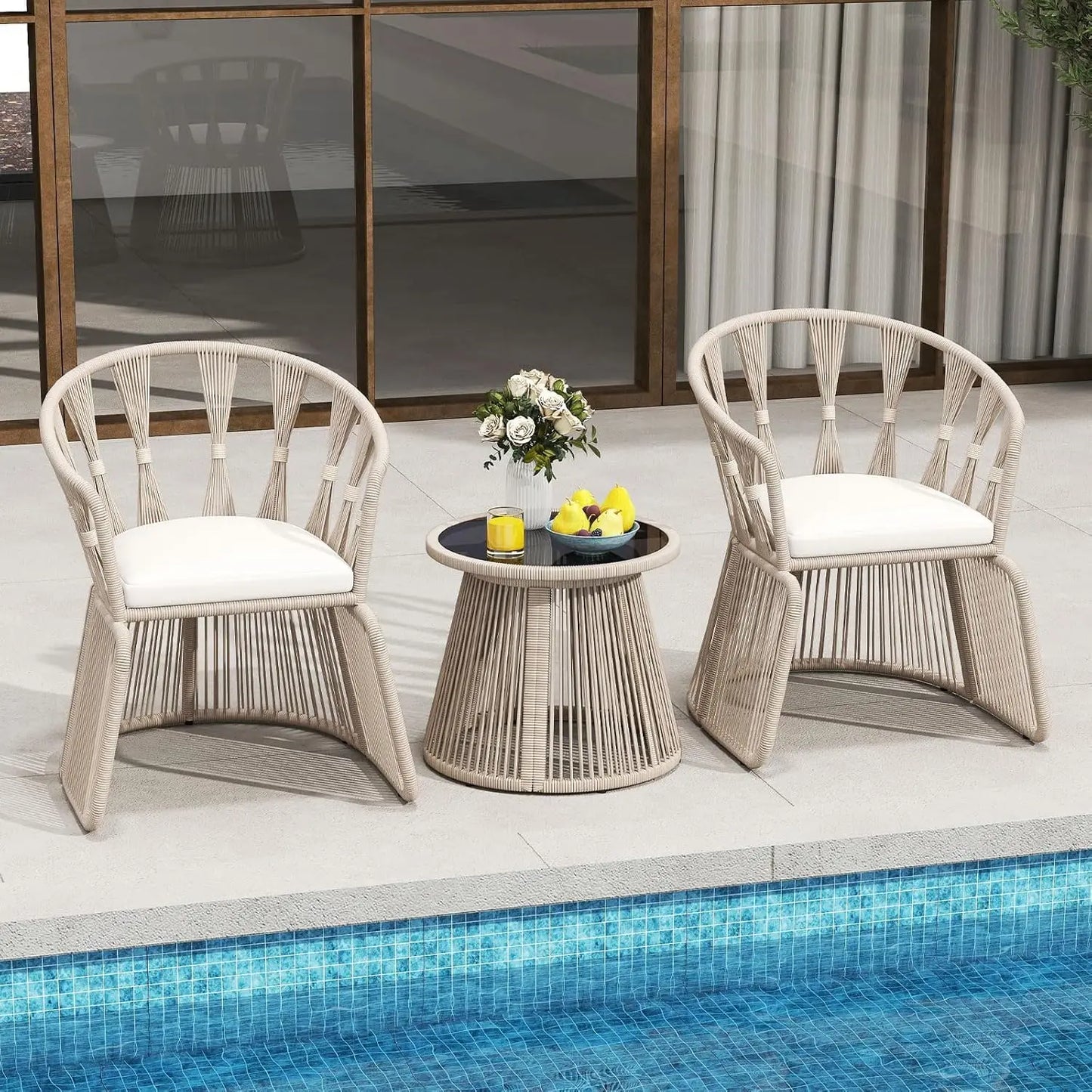Outdoor 3 Piece Patio Chair Set With Rope Woven Cushions