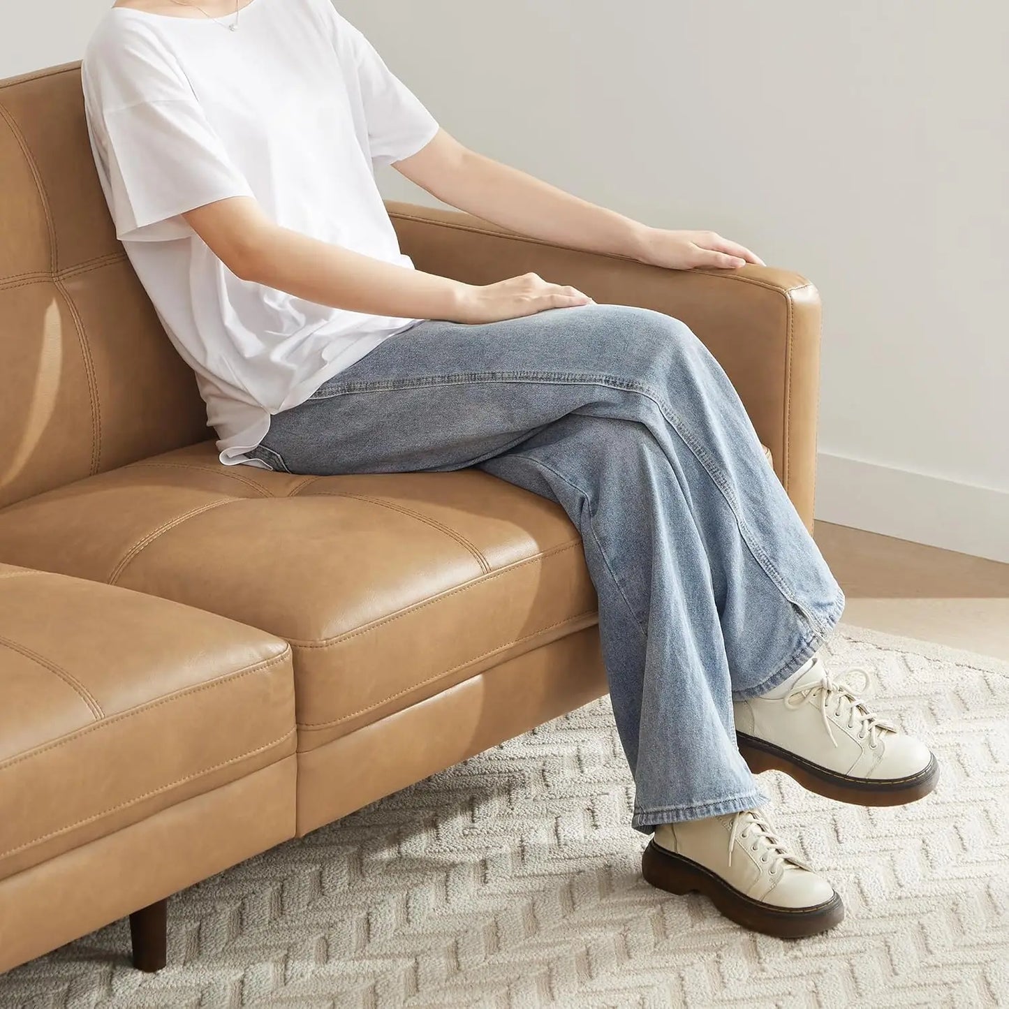 Mid-Century Sofas Furniture 73.2''W Faux Leather Sofa Couch Sets for Living Room Apartment, Cognac Brown, Customized