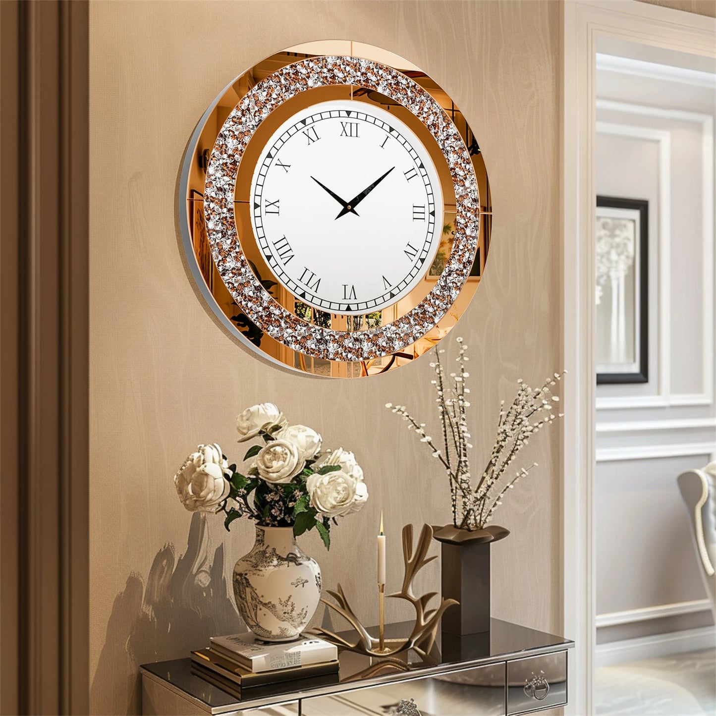 Glam Sparkle Mirrored Wall Clock for Home Decor With Shiny Mirror Finish Accent Detail