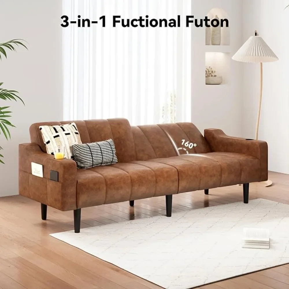 HUANZHUANG Faux Leather Sofa Bed With Adjustable Backrest