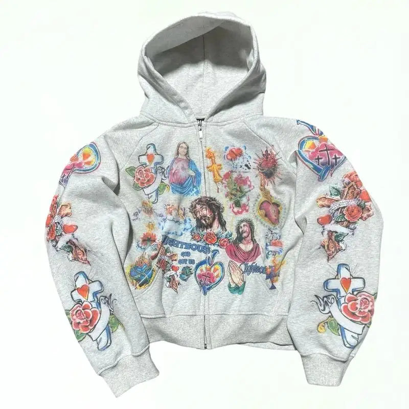 Jesus Y2K Hoodie Jesus Print Hoodie Gothic Harajuku Jacket