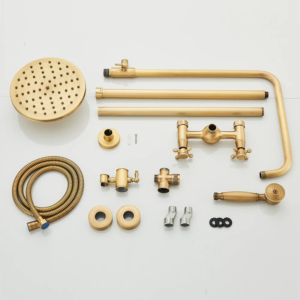 Quyanre Antique Brass Shower Faucets Set Wall Mount Dual Knobs