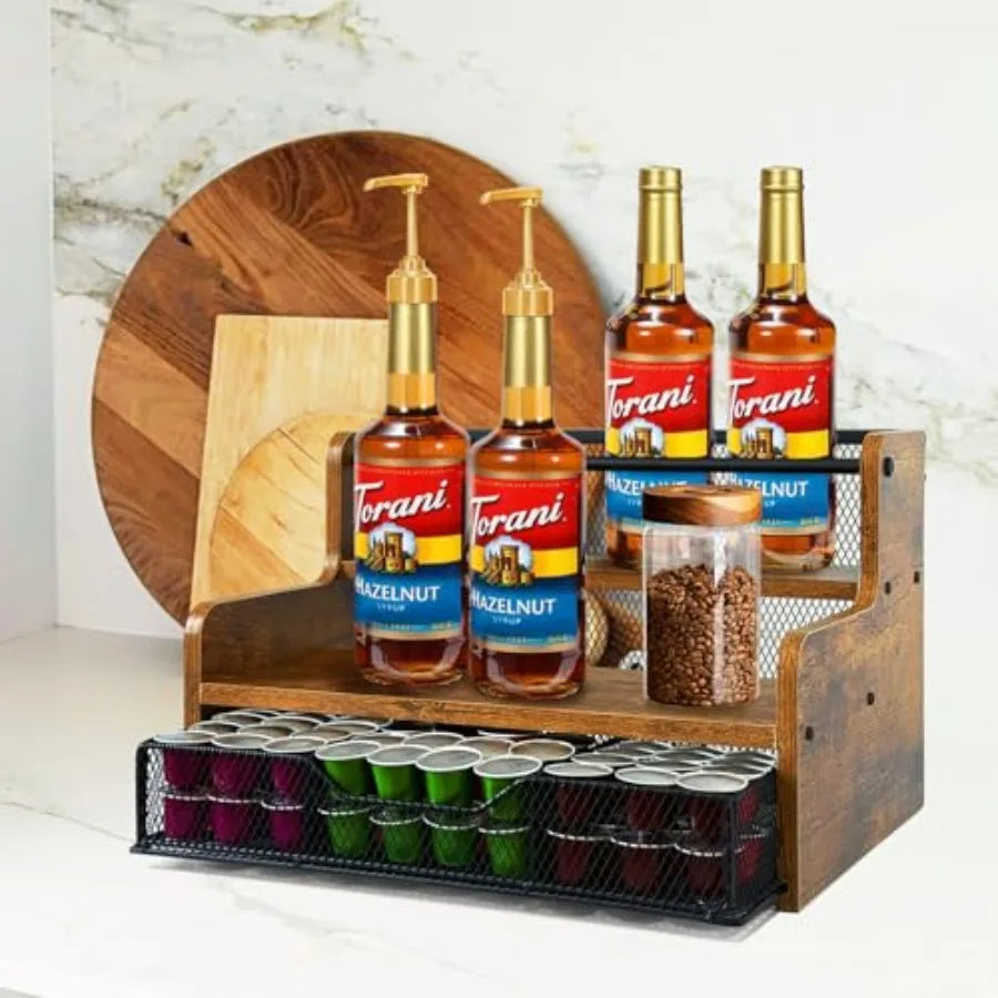 Coffee Syrup Organizer 3Tier 12 Bottles Coffee Syrup Rack with 36 K Cup Storage Basket for Coffee Bar Organizer Wine Office Kit