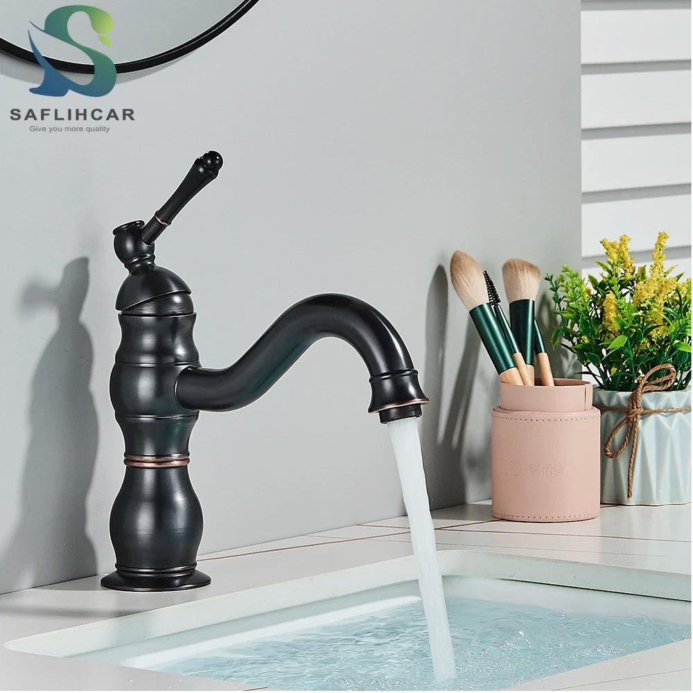 SAFLIHCAR Brass Bathroom Faucet Hot Cold Water Deck Mounted Column Mixer Durable