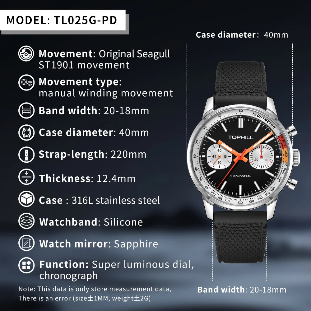 TOPHILL Chronograph Pilots Watch Seagull ST1901 Movement
